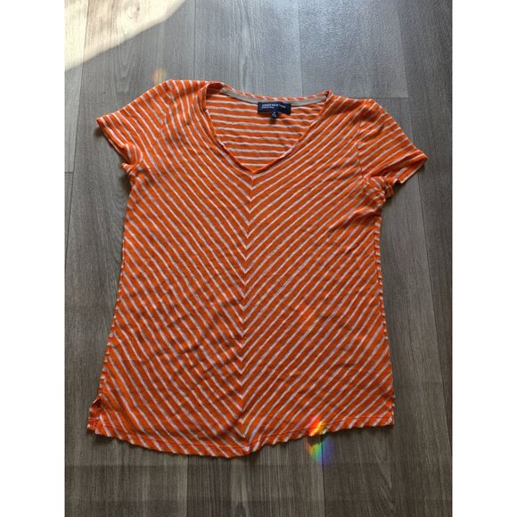 Jones New York Signature Orange & White Linen Striped V-Neck T-Shirt M - Picture 3 of 7